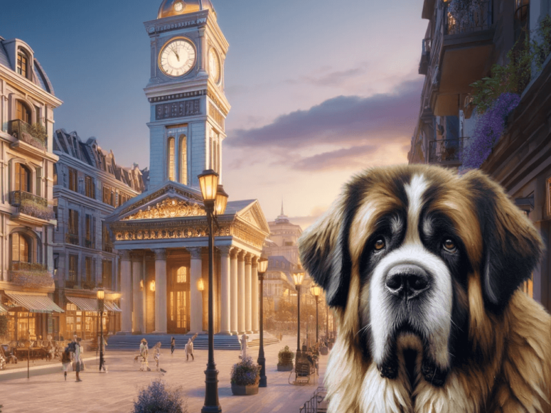 A Saint Bernard dog standing in a picturesque town square with a clock tower and historic buildings at sunset.