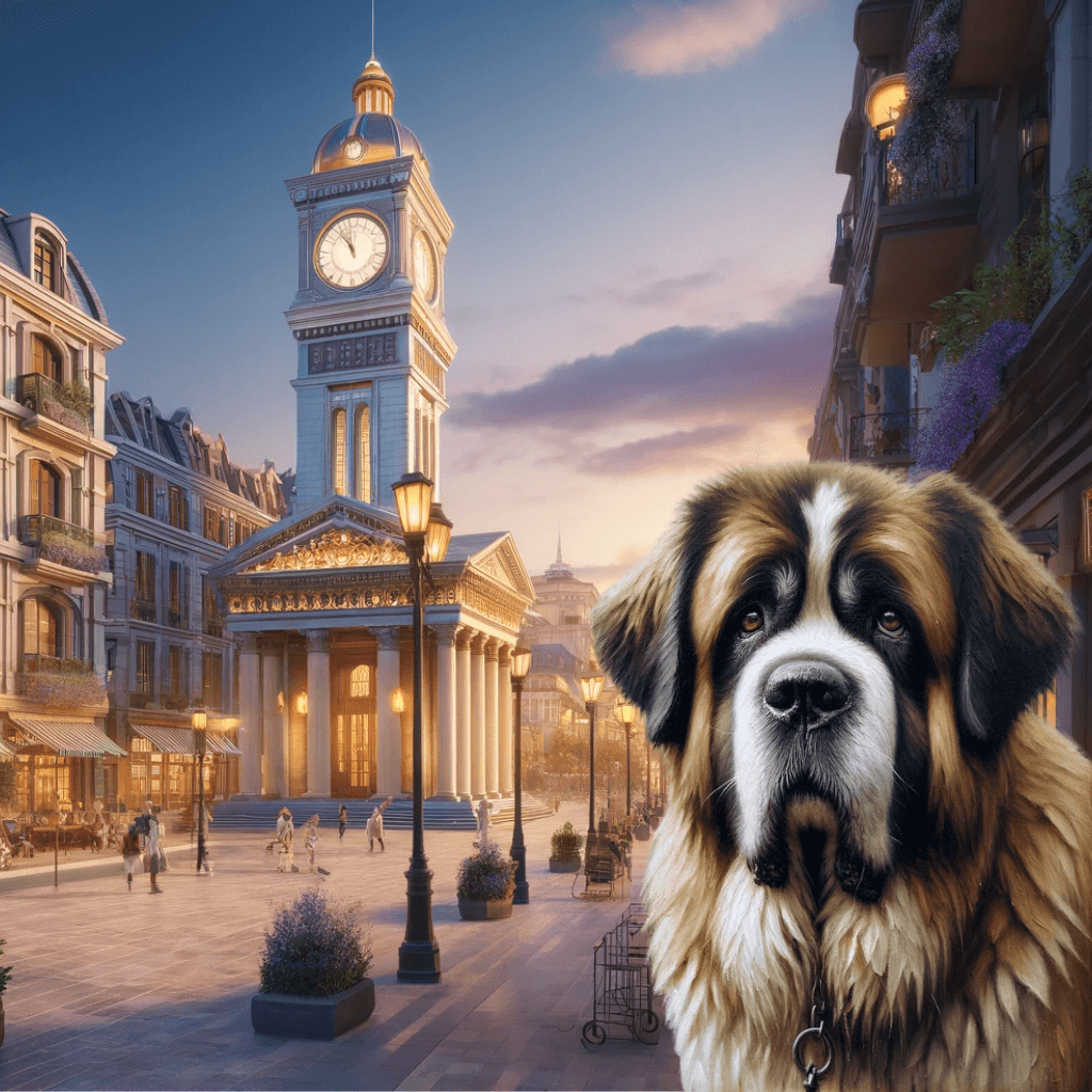 A Saint Bernard dog standing in a picturesque town square with a clock tower and historic buildings at sunset.