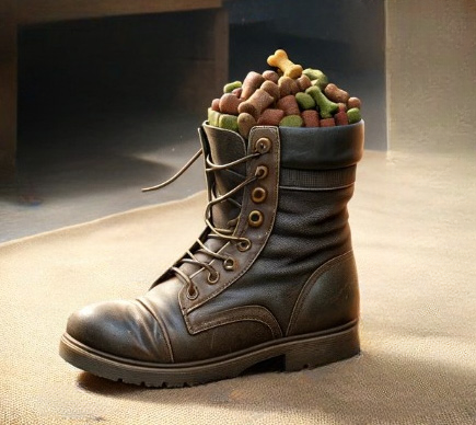 A military-style boot filled with colorful dog kibble.