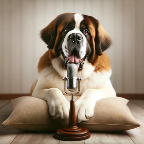 A large, friendly Saint Bernard dog sits comfortably on a plush pillow, speaking into a microphone.