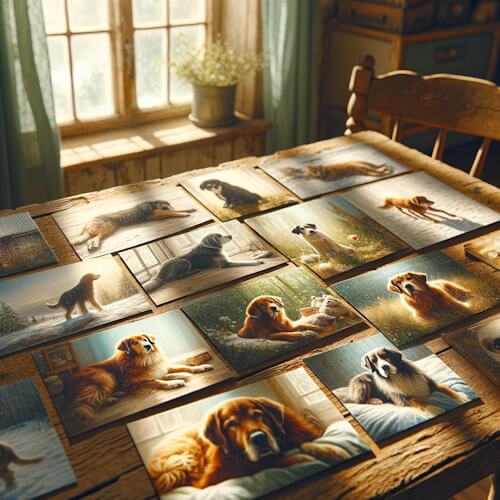 A rustic wooden table in a light-filled room covered with various postcards featuring dogs in different serene settings.