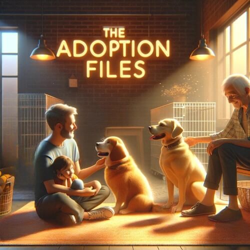 A warm and joyful scene in an adoption center with a family sitting with two dogs, under a sign that reads "The Adoption Files.