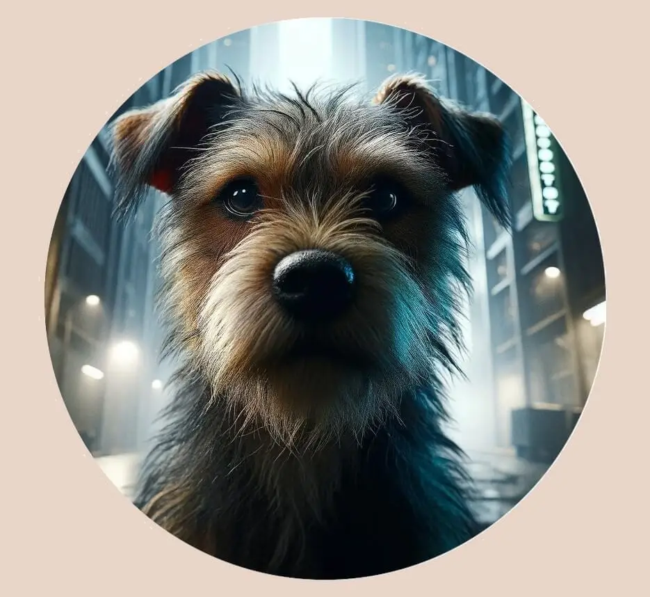 Close up of a scruffy terrier dog stands in a dimly lit, alleyway, looking curiously at the camera.