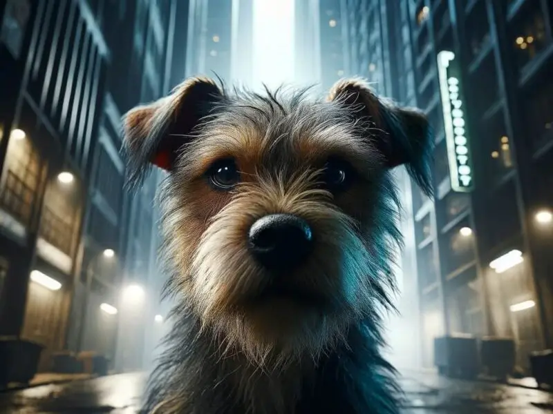 A scruffy terrier dog stands in a dimly lit, futuristic alleyway, looking curiously at the camera.