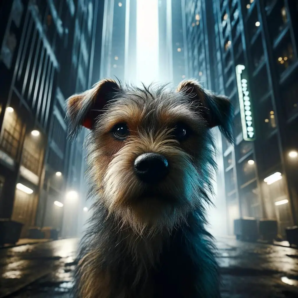 A scruffy terrier dog stands in a dimly lit, futuristic alleyway, looking curiously at the camera.