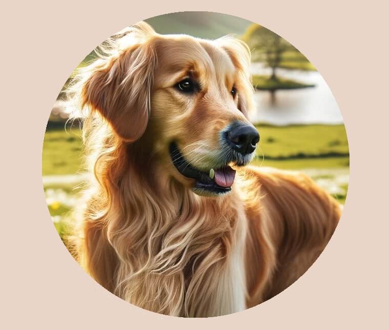 A close-up of a golden retriever with long fur, standing outdoors with a scenic lake and green fields in the background.