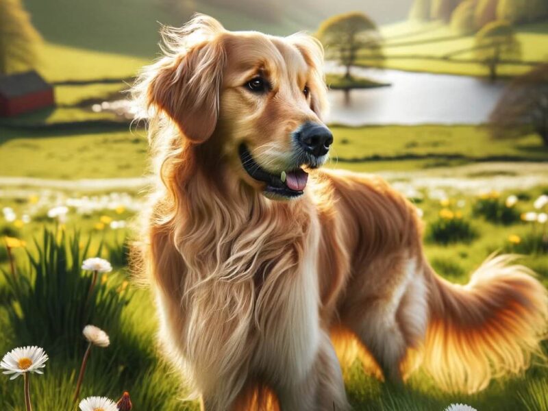 A golden retriever standing in a lush, green meadow with flowers and a scenic lake in the background.