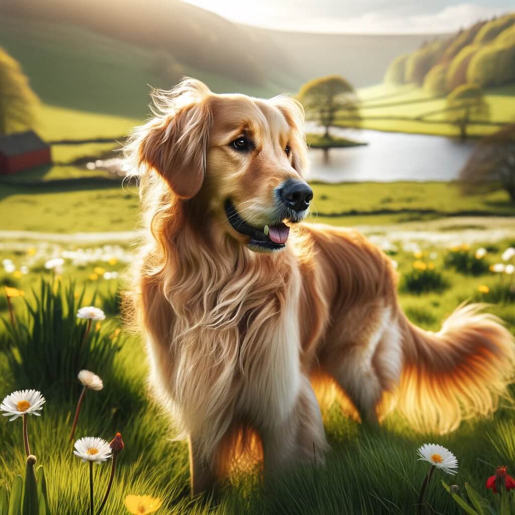 A golden retriever standing in a lush, green meadow with flowers and a scenic lake in the background.