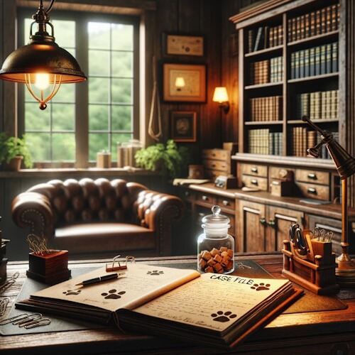 A cozy study with a leather armchair, bookshelves, and a desk with an open notebook labeled "Case Files" and a jar of treats.