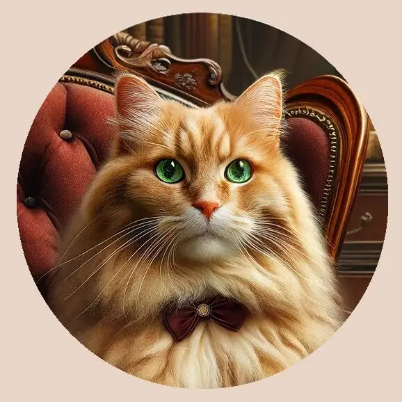 A majestic ginger cat with bright green eyes, wearing a bow tie, sitting on a luxurious red velvet chair.