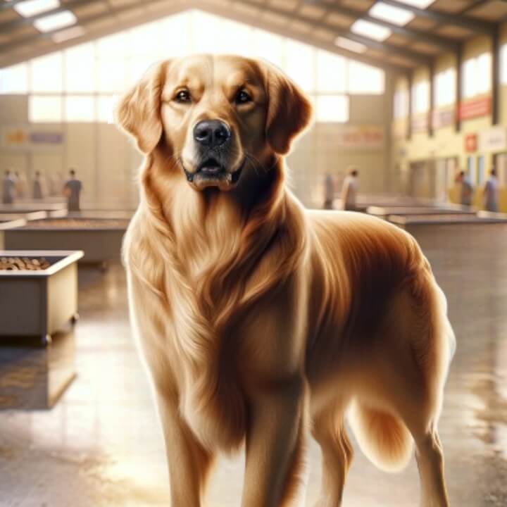 A golden retriever standing in a well-lit indoor facility with people in the background.