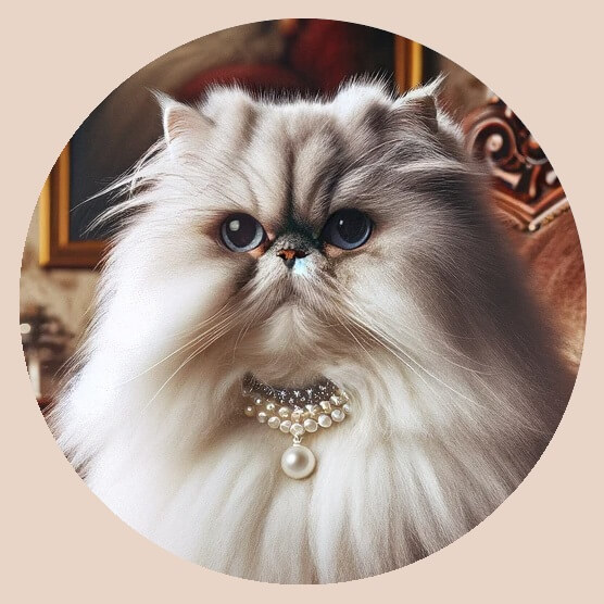 A fluffy white Persian cat wearing a pearl necklace, looking regally into the camera.