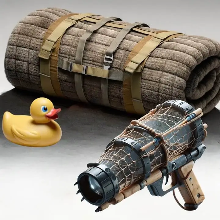 A net launcher, a large folded blanket with straps, and a rubber duck, displayed on a flat surface.