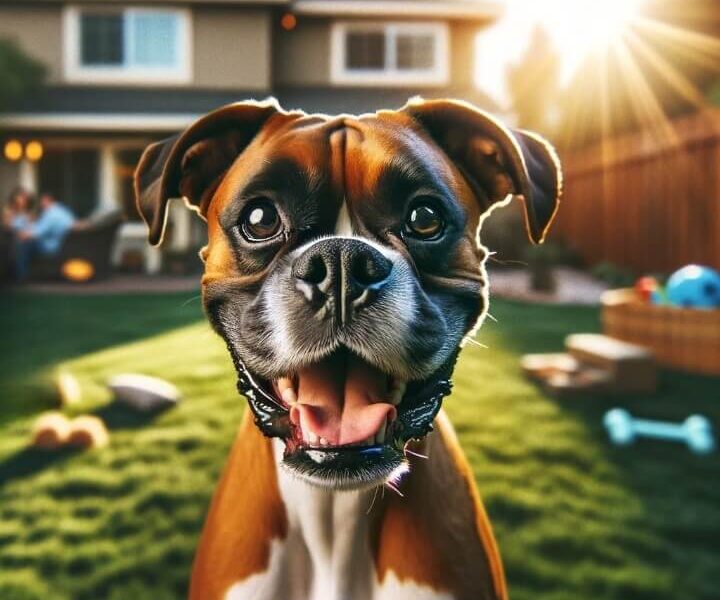 A happy boxer dog with a big smile, standing in a backyard with a house and toys in the background.