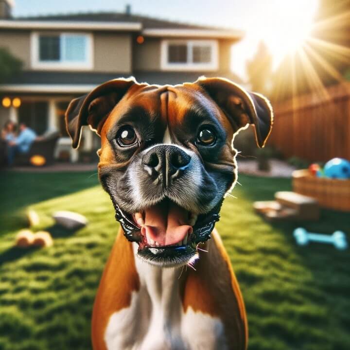 A happy boxer dog with a big smile, standing in a backyard with a house and toys in the background.