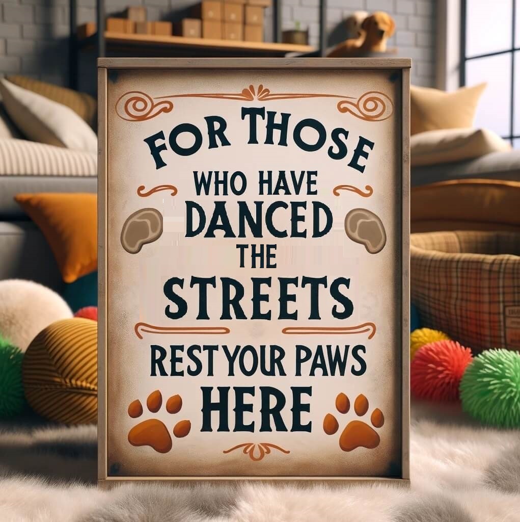 A sign in a cozy lounge area that reads, "For those who have danced the streets, rest your paws here."