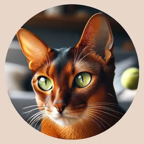 A close-up of a sleek, amber-colored cat with striking green eyes, looking intently to the side.