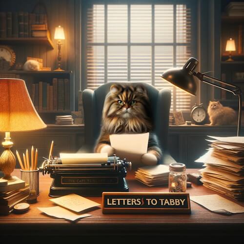 A fluffy tabby cat sitting at a desk with a typewriter, surrounded by papers and a nameplate that reads "Letters to Tabby