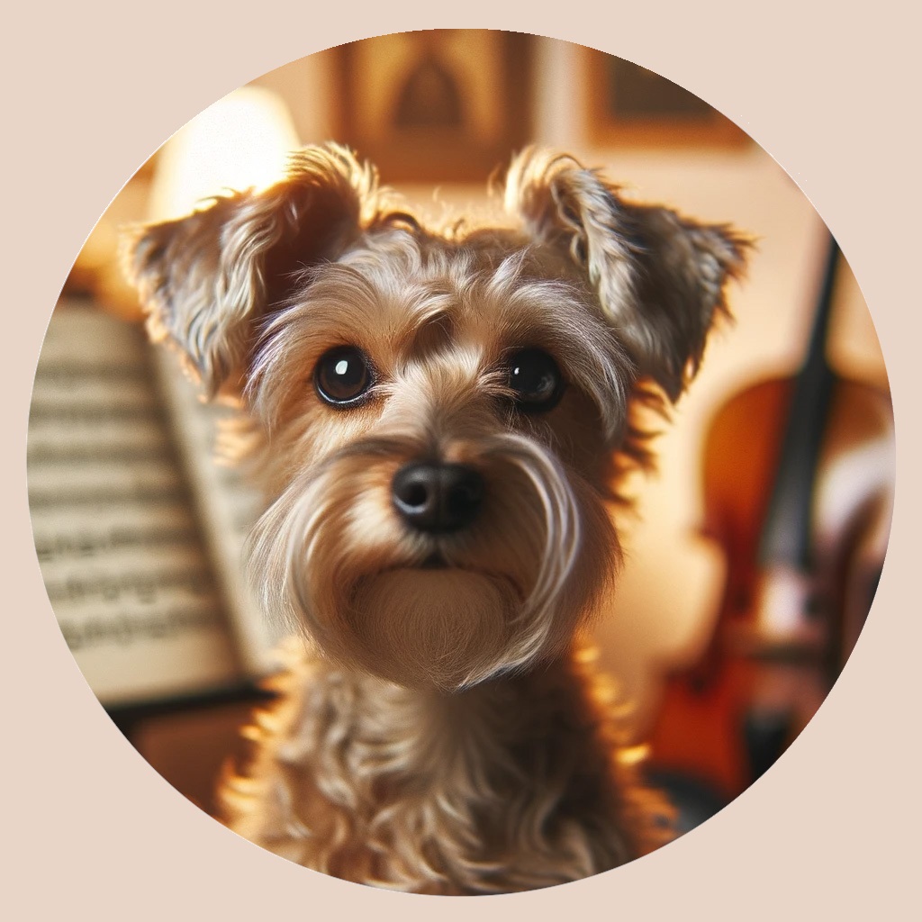 Close up of A small, wire terrier with expressive eyes sits in a cozy room, with a music stand and a violin in the background.