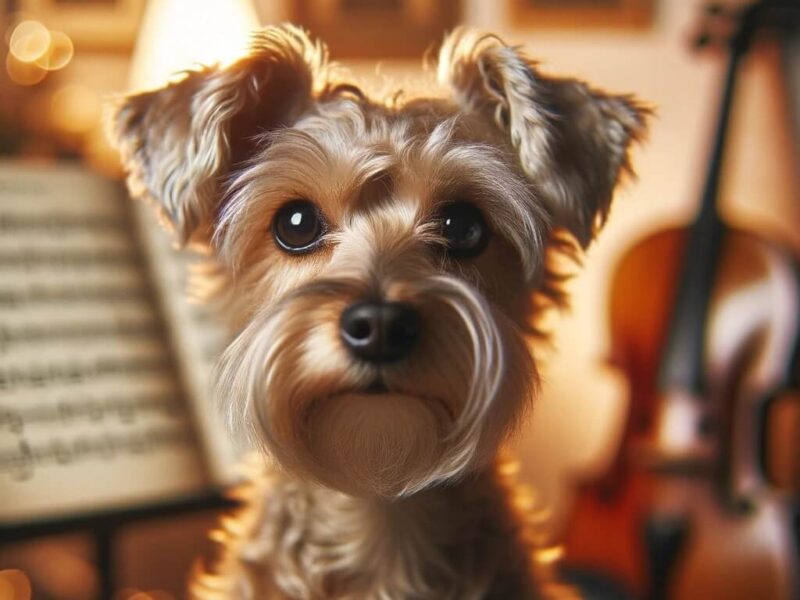 A small, wire terrier with expressive eyes sits in a cozy room, with a music stand and a violin in the background.