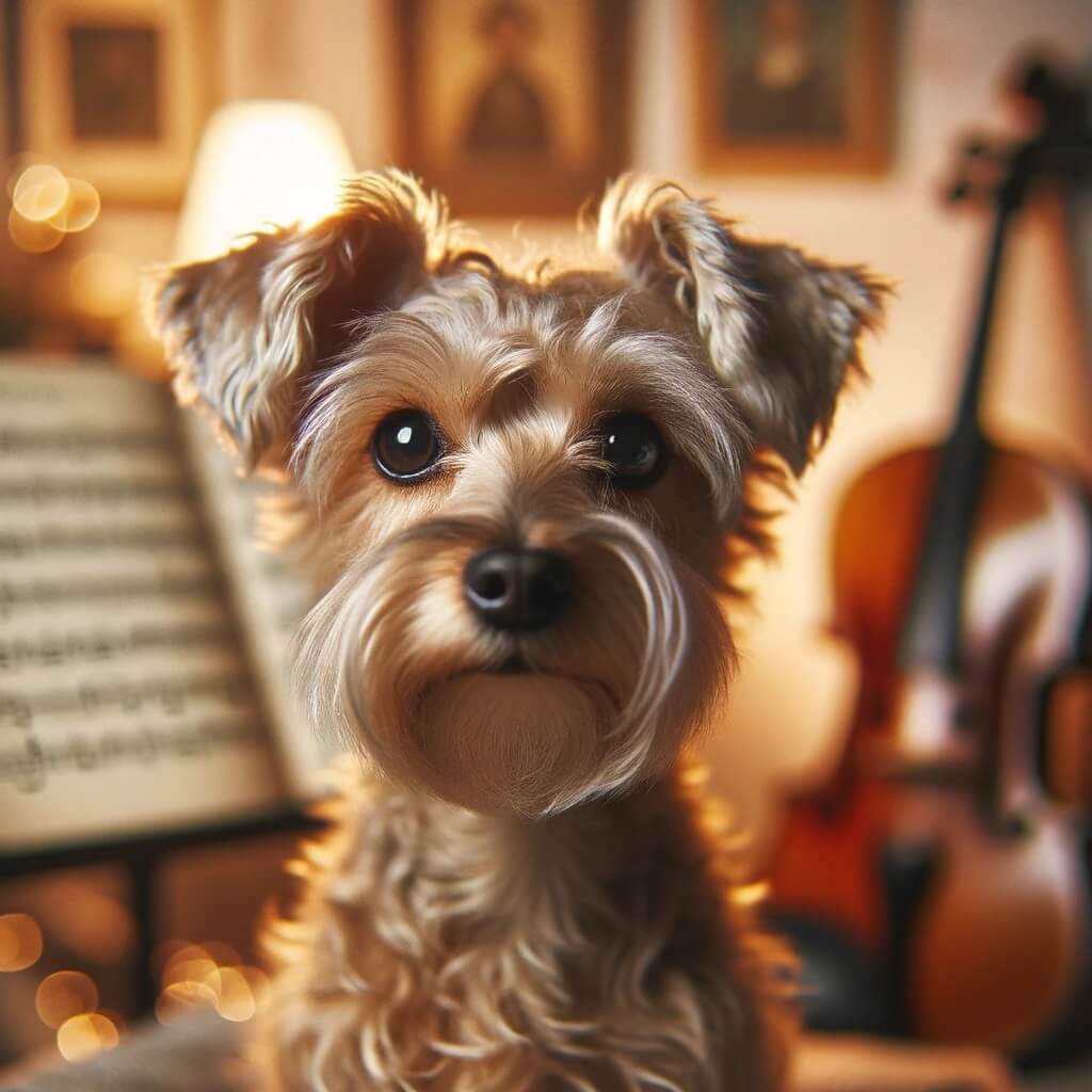 A small, wire terrier with expressive eyes sits in a cozy room, with a music stand and a violin in the background.