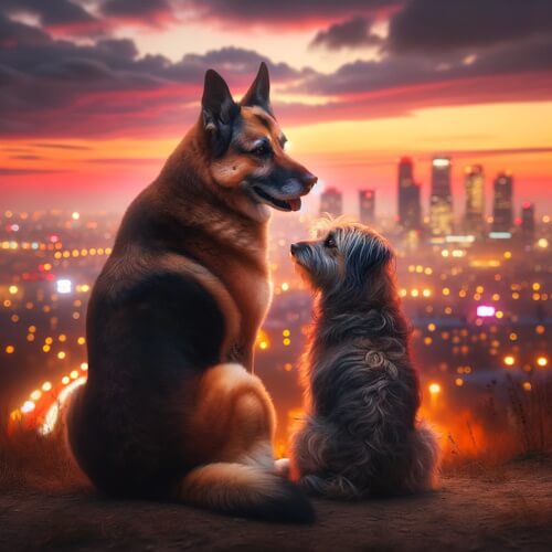 A shepherd mix and a small, shaggy stray dog sit together on a hill at sunset, overlooking a vibrant cityscape.