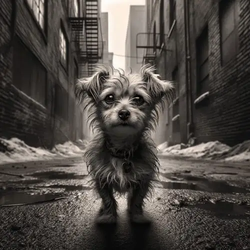 A determined stray dog named Daisy stands in a wet alley.