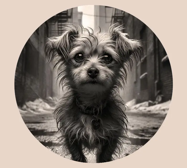 Terrier mix dog with a hopeful expression standing in an urban alleyway.