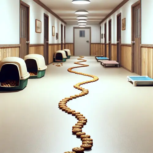 Hallway of The Stray Diaries shelter with a trail of dog biscuits leading to various rooms, part of The Great Cookie Caper.