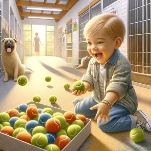 A joyful toddler sits on the floor surrounded by a box of tennis balls, with dogs in kennels and a person in the background of an animal shelter.