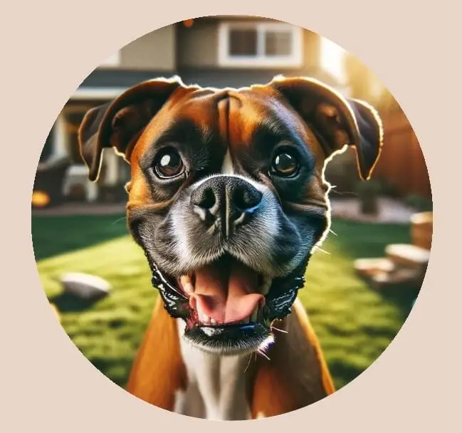 Close up of a happy boxer dog with a big smile, standing in a backyard with a house and toys in the background